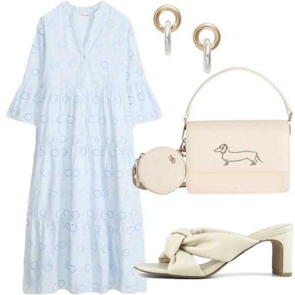 Outfit donna - Abito con ricami traforati. Stile Chic per Tutti i giorni. Abbinamento con vestiti lunghi, borse a tracolla, orecchini, sandali col tacco.