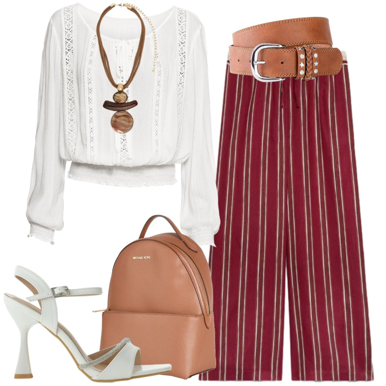 Outfit donna - Casual. Stile Casual per Tutti i giorni. Abbinamento con zaini, bluse, cinture, sandali gioiello, ciondoli, pantaloni.