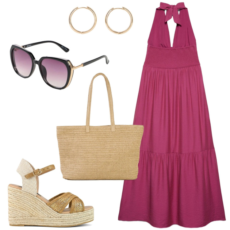 Outfit donna - Aperitivo al tramonto. Stile Glamour per Mare. Abbinamento con shopping bag, orecchini, occhiali da sole, vestiti lunghi, zeppe.