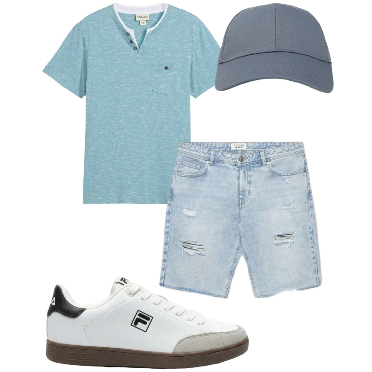 Outfit uomo - Total look #2434835. Stile Casual per Mare. Abbinamento con t-shirt, sneakers, cappelli con visiera, shorts.