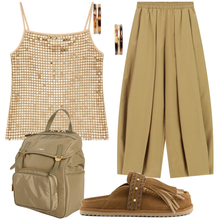 Outfit donna - Apericena. Stile Casual chic per Serata fuori. Abbinamento con zaini, top, pantaloni a palazzo, orecchini, sabot.