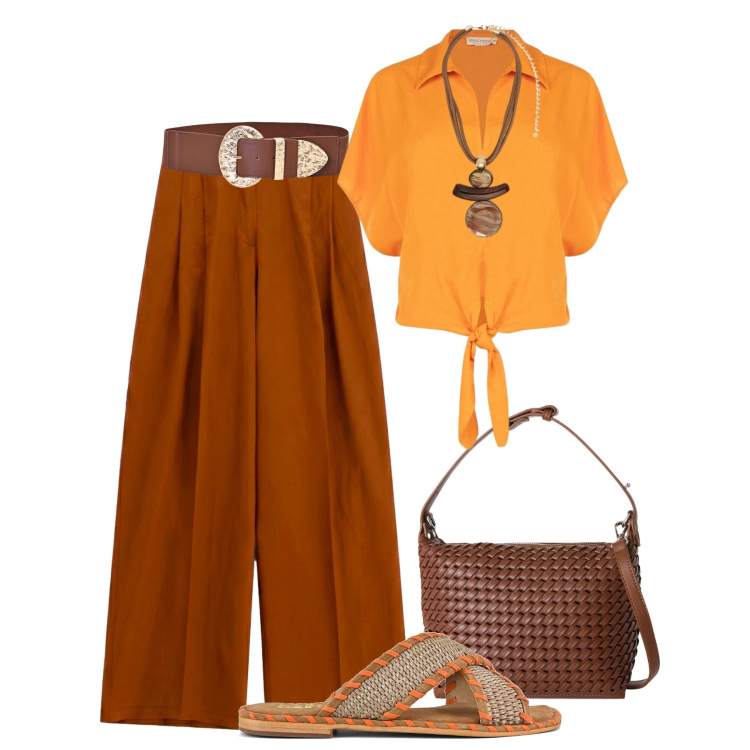 Outfit donna - Estiva speziata - @pamela. Stile Trendy per Tutti i giorni. Abbinamento con borse a spalla, ciondoli, camicie a manica corta, cinture, pantaloni a palazzo, ciabatte.