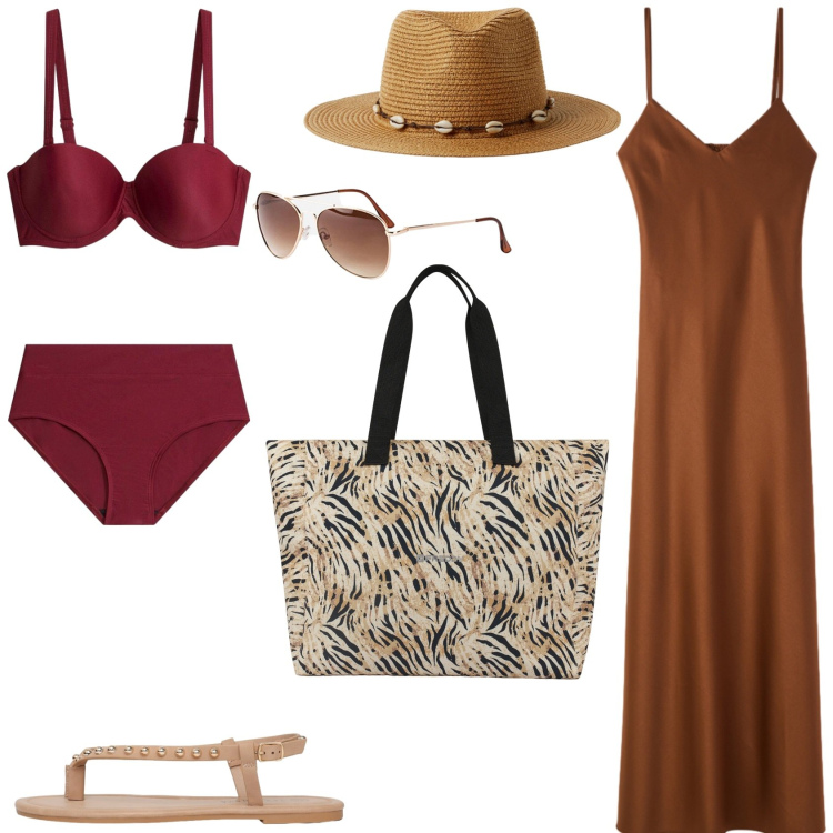 Outfit donna - Mare: i colori speziati. Stile Casual chic per Mare. Abbinamento con bikini, occhiali da sole, cappelli, ciabatte, vestiti lunghi, shopping bag.