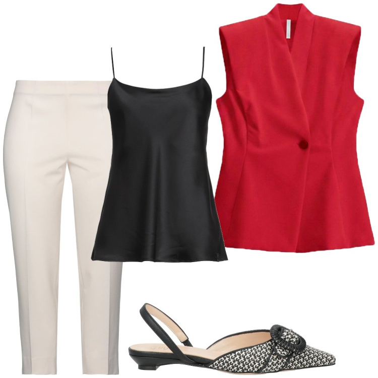 Outfit donna - In affiancamento. Stile Chic per Ufficio. Abbinamento con top, pantaloni, ballerine, gilet.