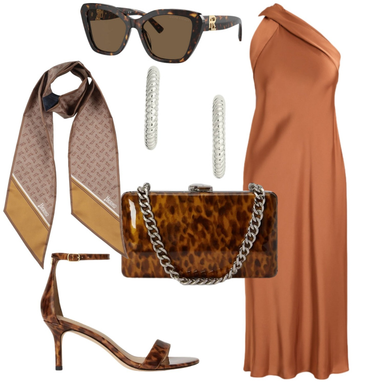 Outfit donna - Evento estivo. Stile Chic per Cerimonia. Abbinamento con sciarpe, vestiti, sandali in pelle, occhiali da sole, orecchini, clutch.