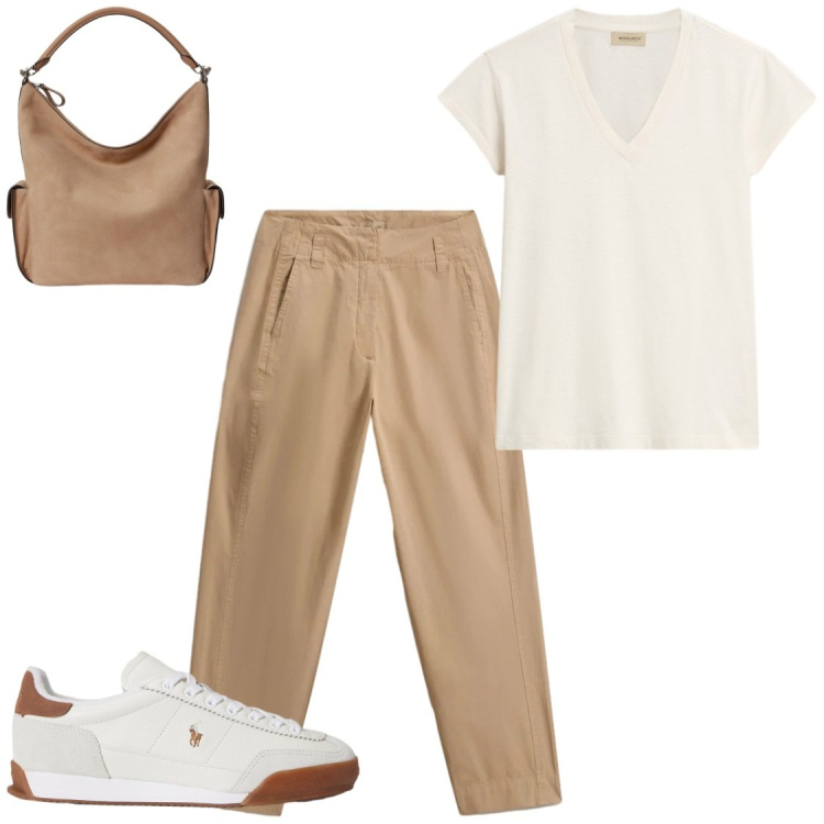 Outfit donna - Rientri in città. Stile Casual chic per Tutti i giorni. Abbinamento con sneakers, borse a spalla, pantaloni, t-shirt.