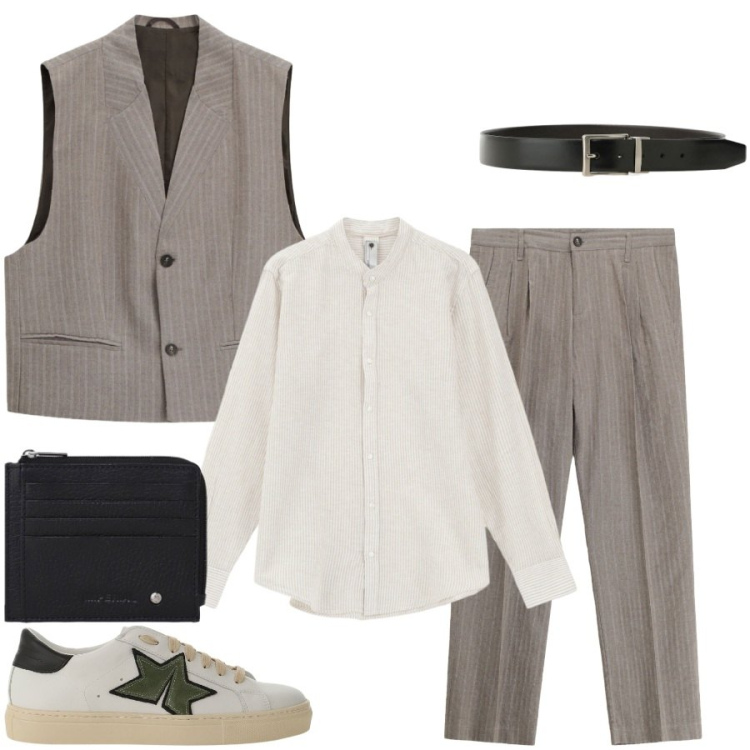 Outfit uomo - Total look #2434847. Stile Casual per Tutti i giorni. Abbinamento con gilet, pantaloni, sneakers, portafogli, camicie, cinture.