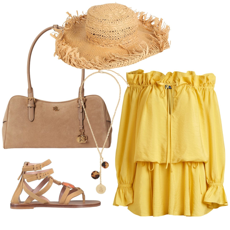 Outfit donna - Freschezza estiva. Stile Boho per Tutti i giorni. Abbinamento con cappelli, infradito, vestiti, borse a mano, collane.