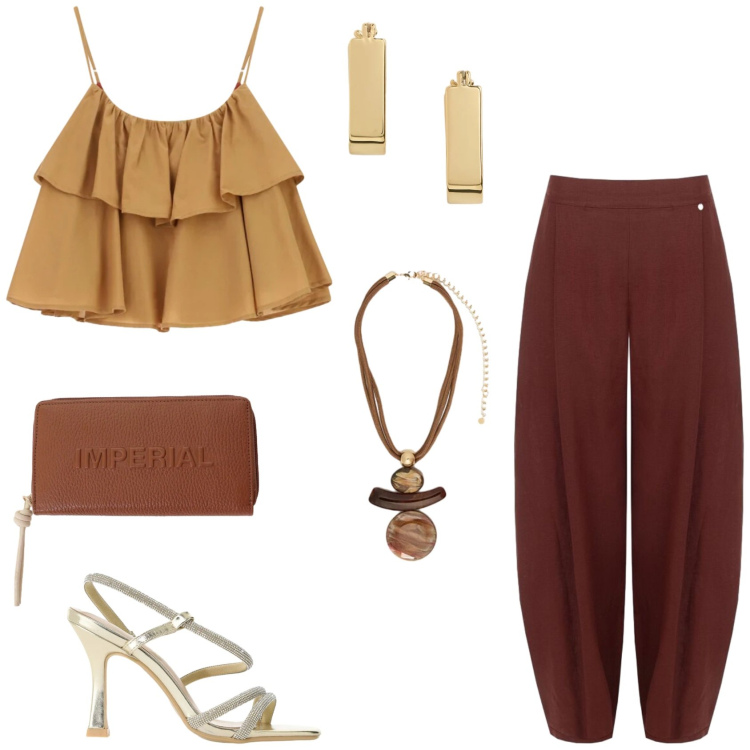 Outfit donna - I colori speziati. Stile Trendy per Serata fuori. Abbinamento con top, pantaloni, sandali col tacco, portafogli, ciondoli, orecchini.