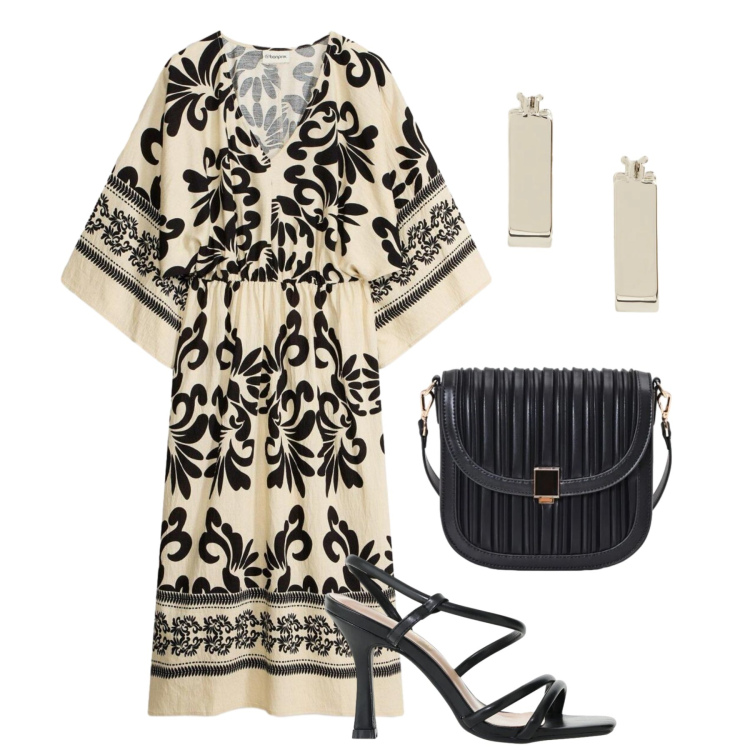 Outfit donna - Abito fluido a cena. Stile Glamour per Serata fuori. Abbinamento con vestiti midi/longuette, borse a tracolla, sandali col tacco, orecchini.
