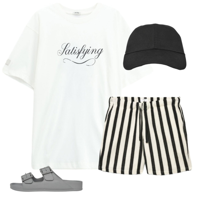 Outfit uomo - Righe d\'Estate in Città. Stile Urban per Mare. Abbinamento con cappelli con visiera, sandali, pantaloni corti, t-shirt.