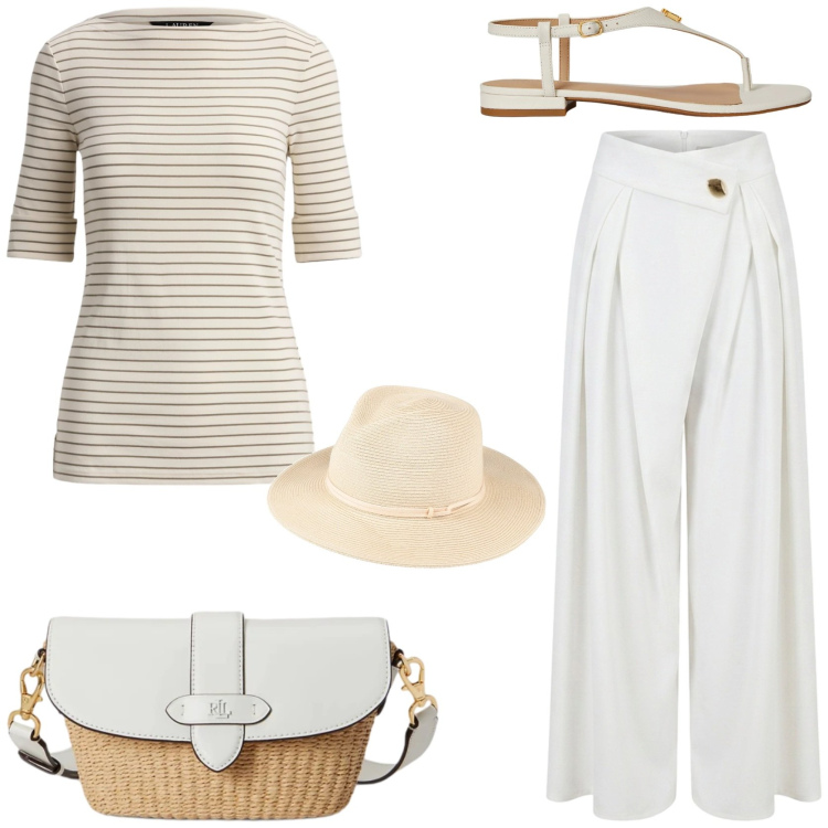 Outfit donna - Weekend in riviera. Stile Chic per Tutti i giorni. Abbinamento con cappelli, pantaloni a palazzo, borse a spalla, sandali in pelle, t-shirt.