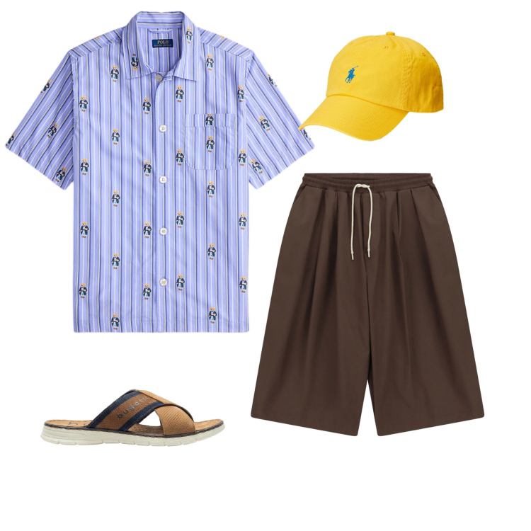Outfit uomo - Sole, Righe & Libertà. Stile Casual per Mare. Abbinamento con sandali, pantaloni, camicie a manica corta, cappelli con visiera.