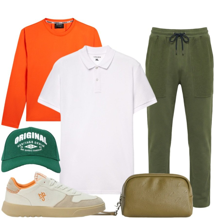 Outfit uomo - Total look #2434857. Stile Casual per Tutti i giorni. Abbinamento con cappelli con visiera, polo, borse sportive, pantaloni, sneakers, t-shirt.