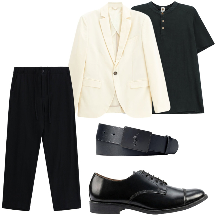 Outfit uomo - Contrasto deciso. Stile Trendy per Serata speciale. Abbinamento con scarpe stringate, pantaloni, t-shirt, giacche, cinture.