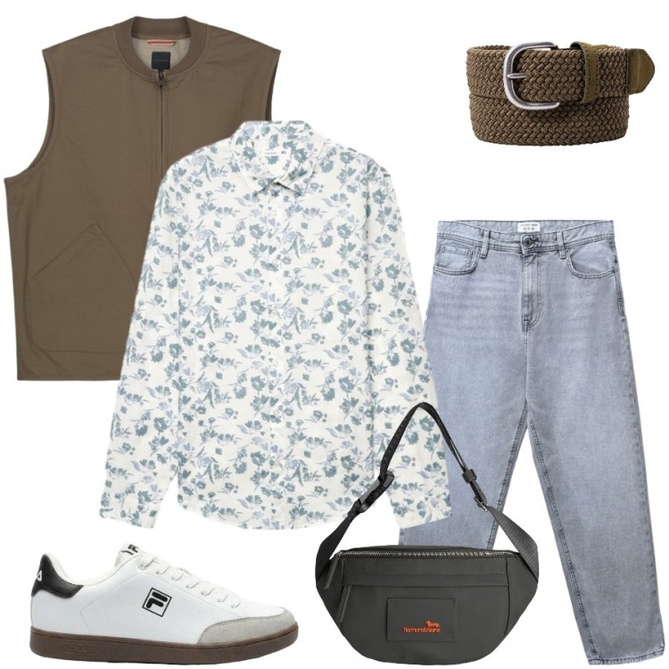 Outfit uomo - Total look #2434860. Stile Urban per Tutti i giorni. Abbinamento con sneakers, jeans, camicie, borse sportive, gilet, cinture.