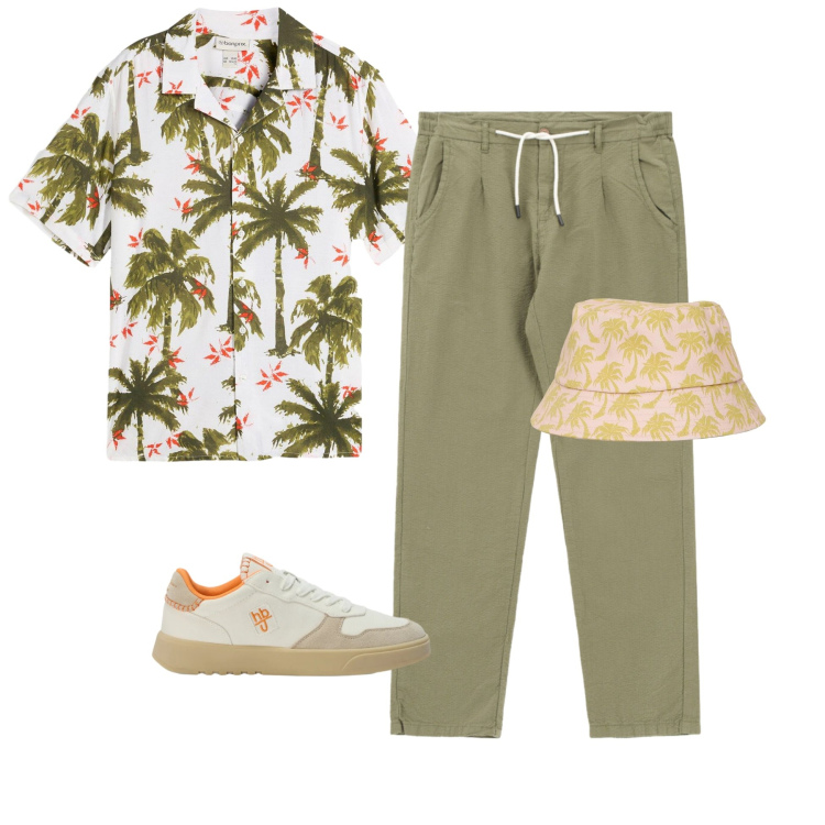 Outfit uomo - Paradiso Tropicale. Stile Casual per Mare. Abbinamento con camicie a manica corta, cappelli con visiera, sneakers, pantaloni.