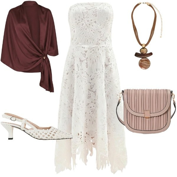 Outfit donna - Bianco di sera. Stile Bon Ton per Serata fuori. Abbinamento con décolleté, ciondoli, vestiti asimmetrici, stole, borse a tracolla.