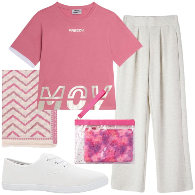 Outfit donna - Sport. Stile Casual per Tutti i giorni. Abbinamento con sneakers, pantaloni, pochette, foulard, t-shirt.