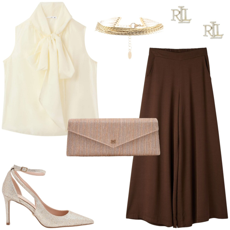 Outfit donna - Aperitivo al tramonto. Stile Glamour per Serata fuori. Abbinamento con bluse, pantaloni, braccialetti, orecchini, décolleté, pochette.