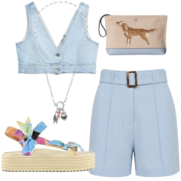 Outfit donna - Casual. Stile Casual per Mare. Abbinamento con shorts, top, ciondoli, pochette, sandali.