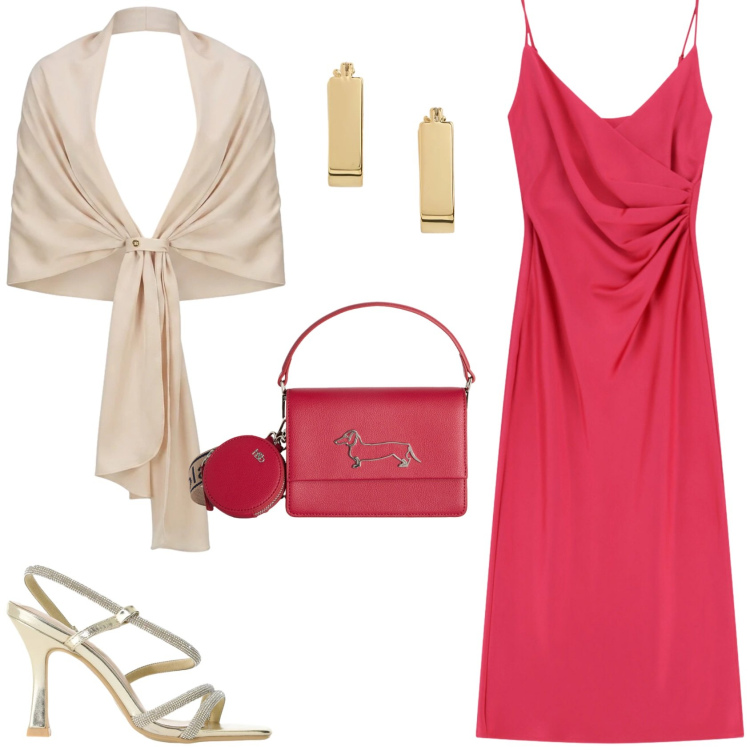 Outfit donna - Aperitivo al tramonto. Stile Glamour per Serata fuori. Abbinamento con borse a tracolla, orecchini, stole, vestiti midi/longuette, sandali col tacco.