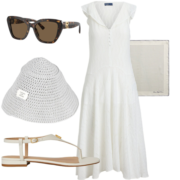 Outfit donna - White. Stile Casual per Tutti i giorni. Abbinamento con cappelli con visiera, vestiti, sandali in pelle, occhiali da sole, foulard.