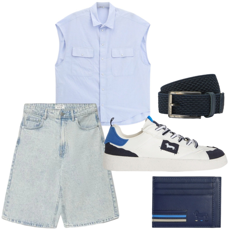 Outfit uomo - Tempo libero. Stile Trendy per Tutti i giorni. Abbinamento con shorts, sneakers, portafogli, cinture, camicie a manica corta.