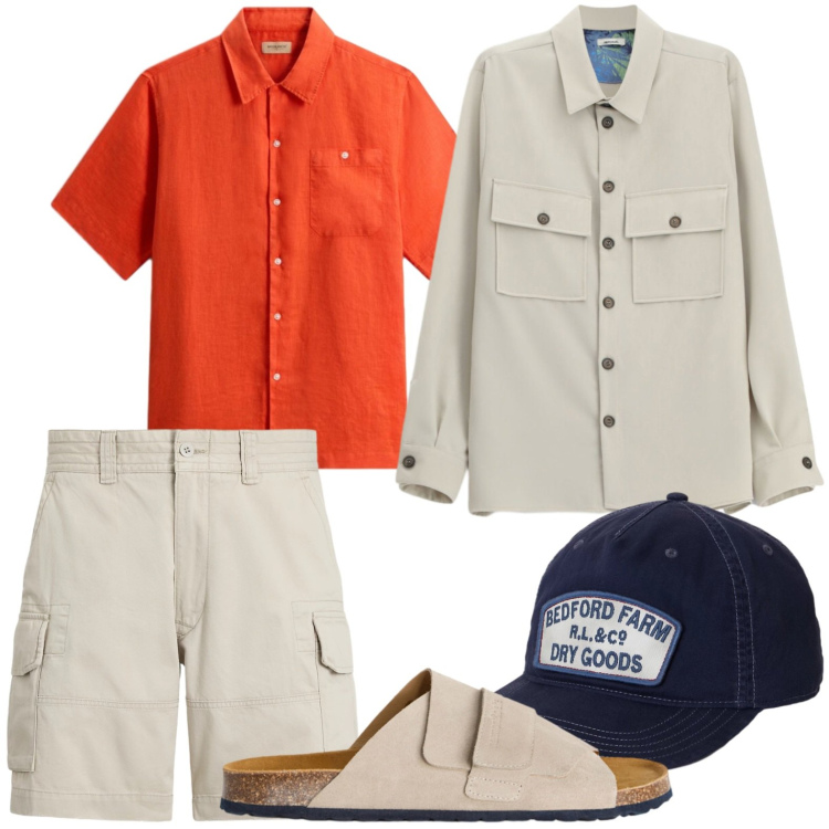 Outfit uomo - Camicia energica. Stile Casual per Tutti i giorni. Abbinamento con sandali, camicie, camicie a manica corta, cappelli con visiera, shorts.
