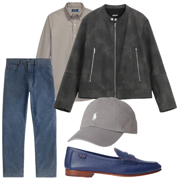 Outfit uomo - Mocassino protagonista. Stile Casual per Ufficio. Abbinamento con giacche, cappelli con visiera, scarpe stringate, camicie, pantaloni.