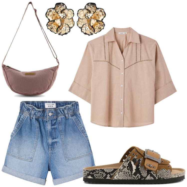 Outfit donna - Total look #2434876. Stile Basic per Tutti i giorni. Abbinamento con shorts, camicie a manica corta, orecchini, borse a tracolla, sandali.