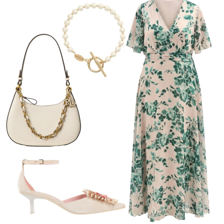 Outfit donna - Elegante. Stile Chic per Serata fuori. Abbinamento con décolleté, vestiti lunghi, borse a spalla, braccialetti.