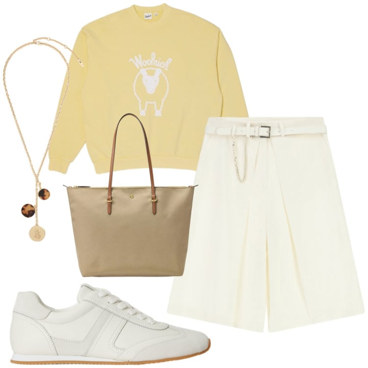 Outfit donna - Casual. Stile Casual per Tutti i giorni. Abbinamento con bermuda, borse tote, sneakers, collane, felpe.