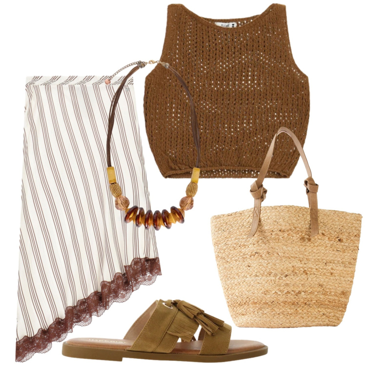 Outfit donna - Total look #2434880. Stile Etnico per Tutti i giorni. Abbinamento con shopping bag, sandali, gonne longuette, top, collane.