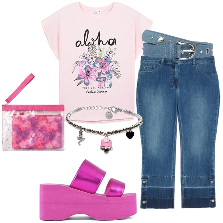 Outfit donna - Jeans. Stile Casual per Tutti i giorni. Abbinamento con cinture, t-shirt, pochette, jeans, braccialetti, zeppe.