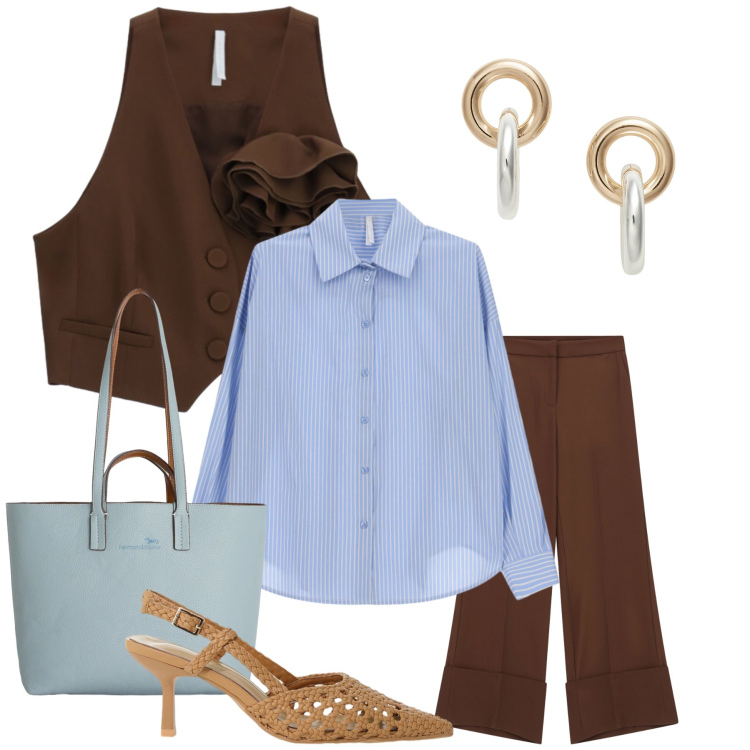 Outfit donna - Total look #2434884. Stile Casual chic per Tutti i giorni. Abbinamento con shopping bag, orecchini, gilet, pantaloni a palazzo, camicie, décolleté.