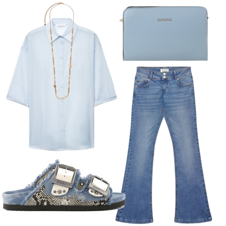 Outfit donna - Total look #2434886. Stile Basic per Tutti i giorni. Abbinamento con jeans a zampa, camicie a manica corta, collane, borse a tracolla, sandali.