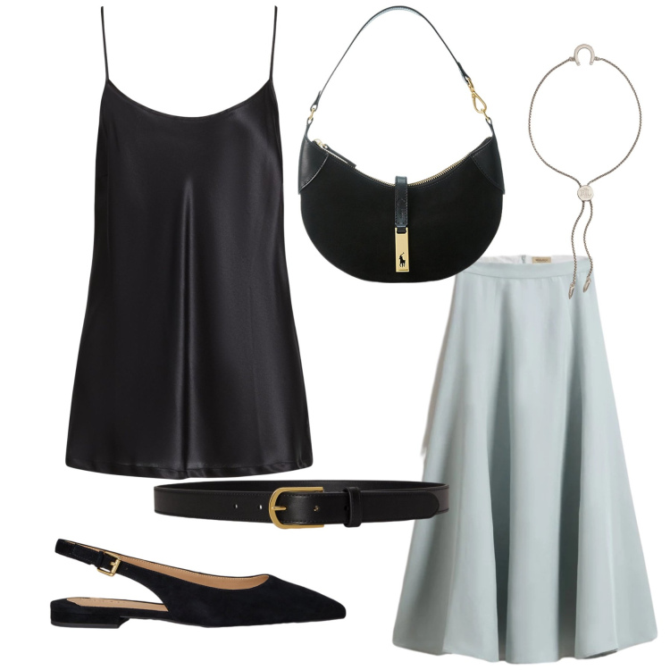 Outfit donna - Total look #2434887. Stile Casual chic per Serata fuori. Abbinamento con top, borse a spalla, braccialetti con ciondoli, ballerine, cinture, gonne lunghe.