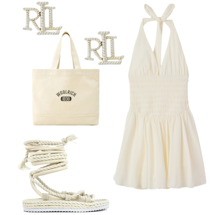 Outfit donna - White. Stile Glamour per Serata fuori. Abbinamento con tuta corta, orecchini, borse tote, sandali.