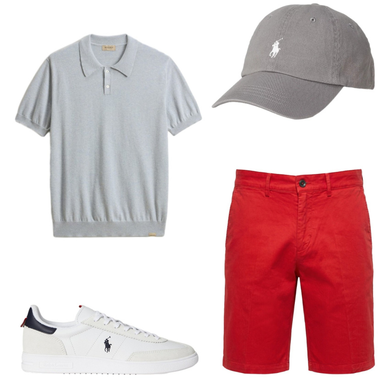 Outfit uomo - Total look #2434899. Stile Trendy per Tutti i giorni. Abbinamento con bermuda, polo, sneakers, cappelli con visiera.