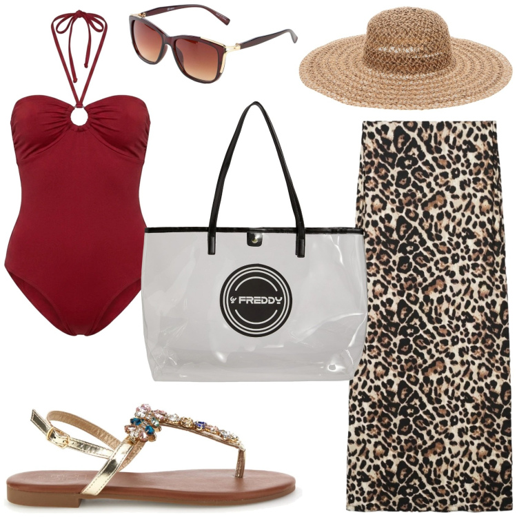 Outfit donna - Sole, Nuoto e Stile. Stile Chic per Mare. Abbinamento con occhiali da sole, gonne lunghe, costumi interi, shopping bag, cappelli, sandali gioiello.