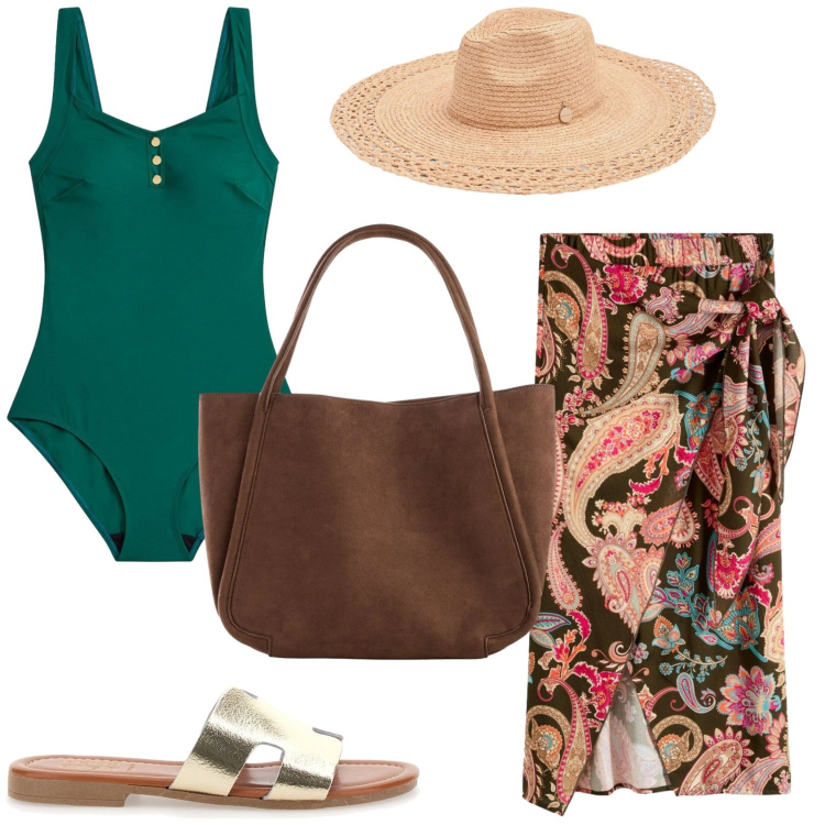 Outfit donna - In spiaggia con stile. Stile Chic per Mare. Abbinamento con gonne longuette, costumi interi, shopping bag, cappelli, ciabatte.