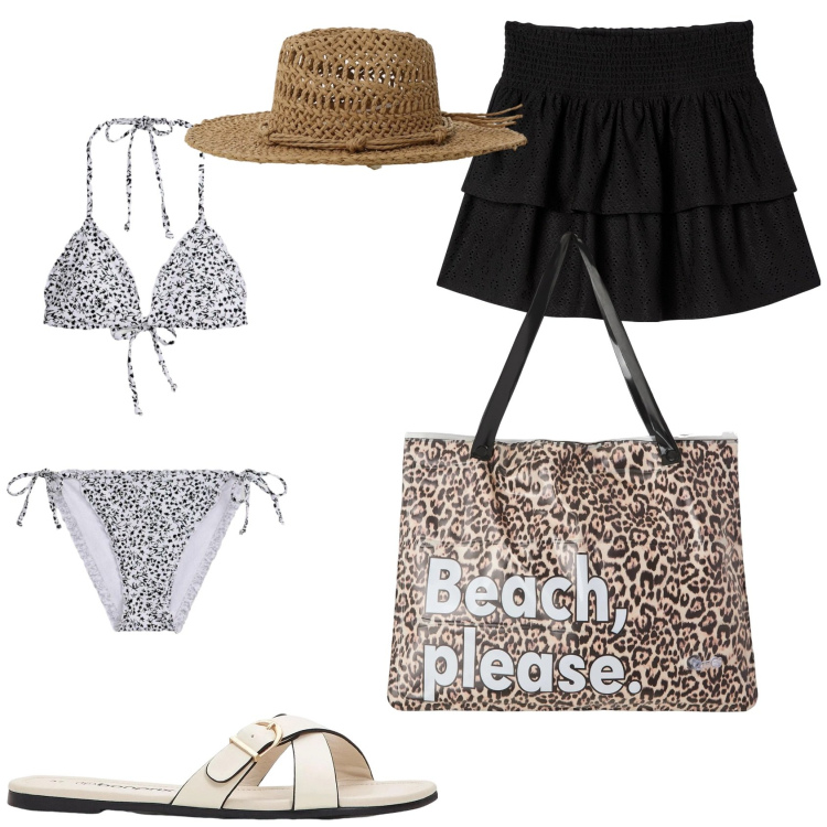Outfit donna - In spiaggia. Stile Trendy per Mare. Abbinamento con bikini, ciabatte, borse tote, minigonne, cappelli.