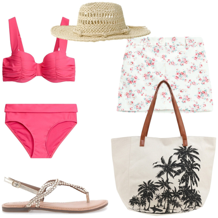 Outfit donna - Una giornata al mare. Stile Romantica per Mare. Abbinamento con bikini, minigonne, cappelli, shopping bag, sandali.