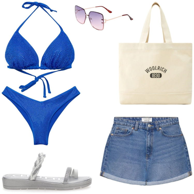 Outfit donna - Spiaggia, Sole e Stile. Stile Casual per Mare. Abbinamento con occhiali da sole, shorts, bikini, bikini, borse tote, infradito.