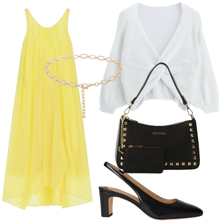 Outfit donna - L\'abito radioso. Stile Glamour per Serata fuori. Abbinamento con cinture, vestiti lunghi, borse a spalla, cardigans, décolleté.