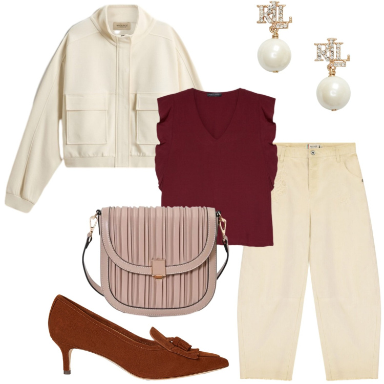 Outfit donna - Understated luxury. Stile Chic per Serata fuori. Abbinamento con canottiere, bomber, orecchini, décolleté, pantaloni, borse a tracolla.