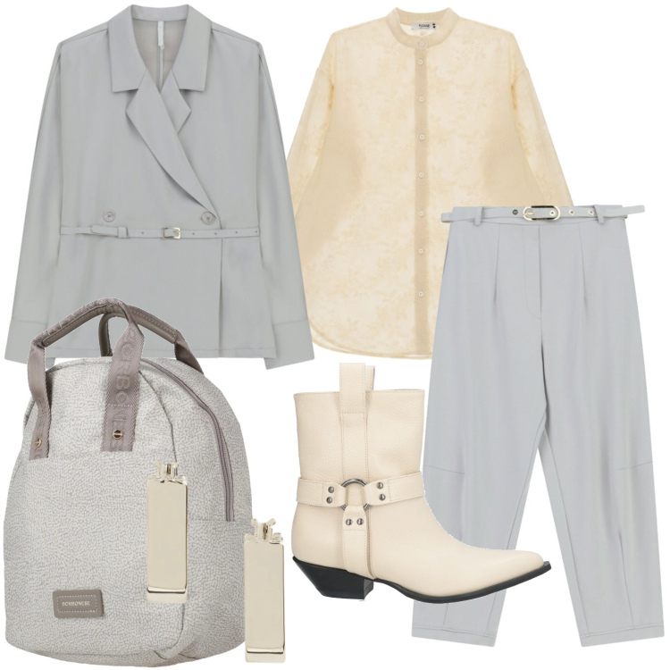 Outfit donna - Le calde sfumature del sabbia. Stile Trendy per Ufficio. Abbinamento con zaini, stivaletti texani, blazer, pantaloni, camicie, orecchini.