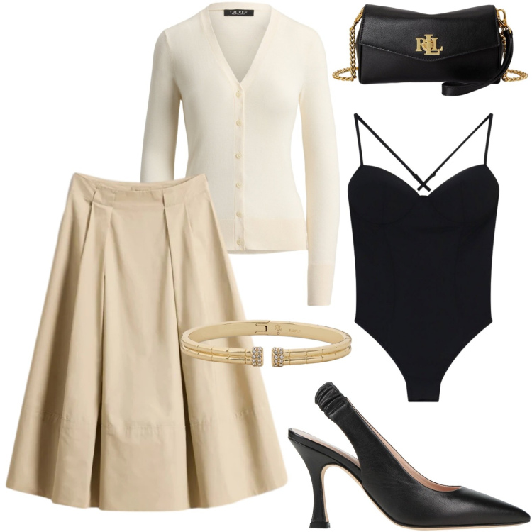 Outfit donna - Stile e naturalezza. Stile Glamour per Serata fuori. Abbinamento con décolleté, body, braccialetti, portafogli, cardigans, gonne lunghe.