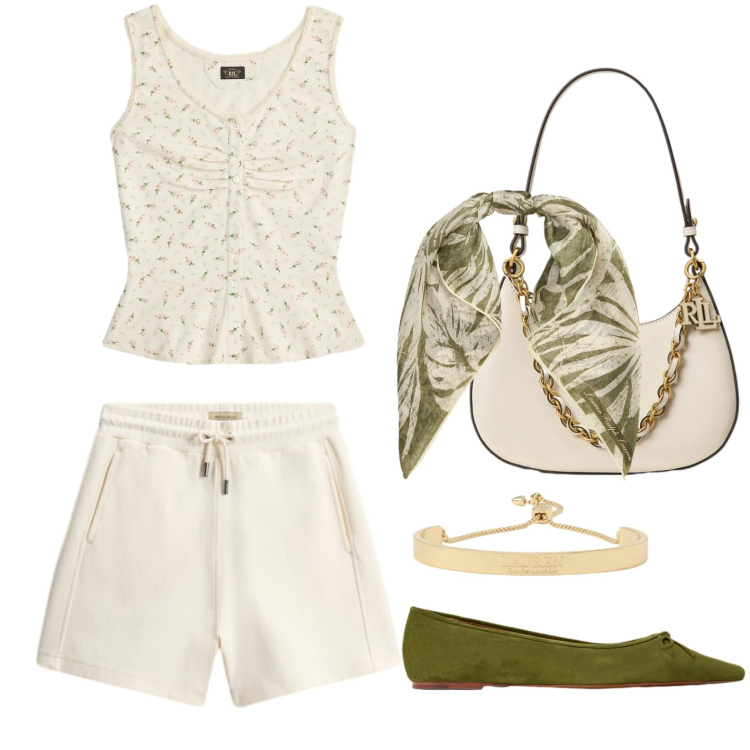 Outfit donna - Look disinvolto. Stile Glamour per Tutti i giorni. Abbinamento con ballerine, foulard, borse a spalla, braccialetti, top, shorts.